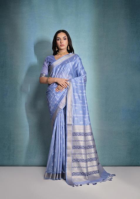 Blue Woven Ikkat Print Tussar Silk Saree Set