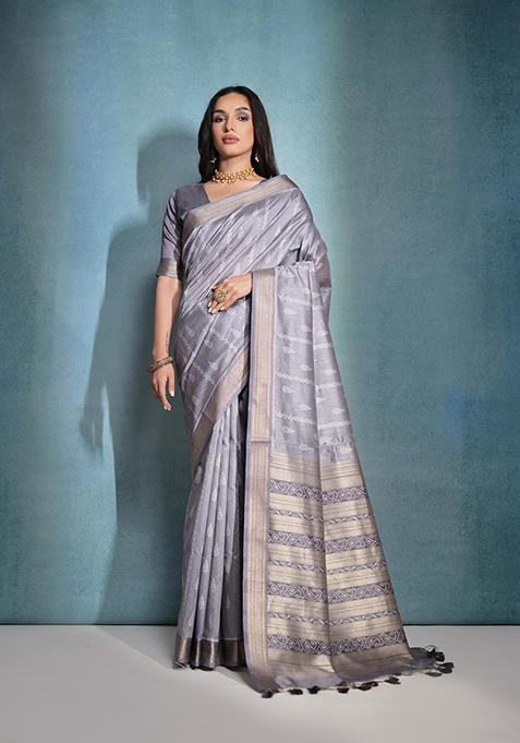 Grey Woven Ikkat Print Tussar Silk Saree Set