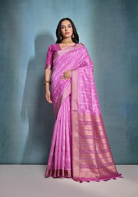 Pink Woven Ikkat Print Tussar Silk Saree Set