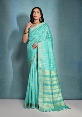 Sea Green Woven Ikkat Print Tussar Silk Saree Set