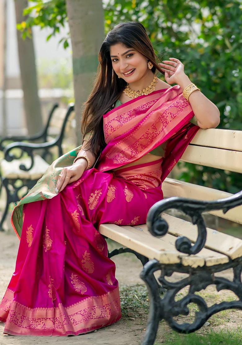 Pink Zari Woven Tussar Silk Saree Set