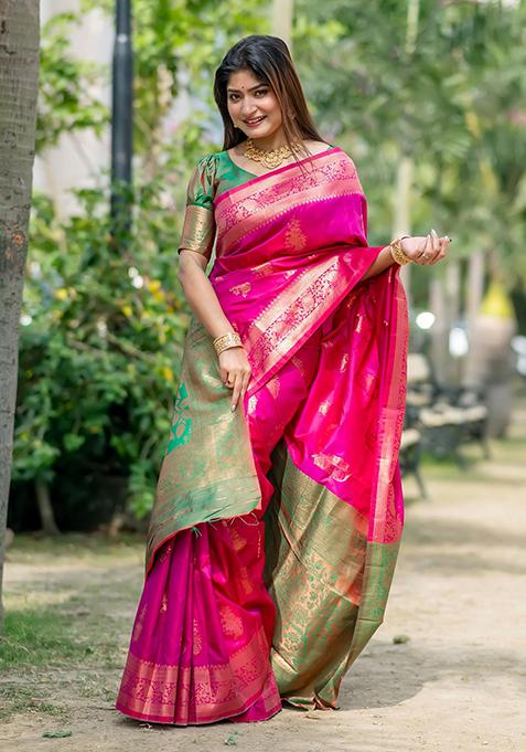 Pink Zari Woven Tussar Silk Saree Set