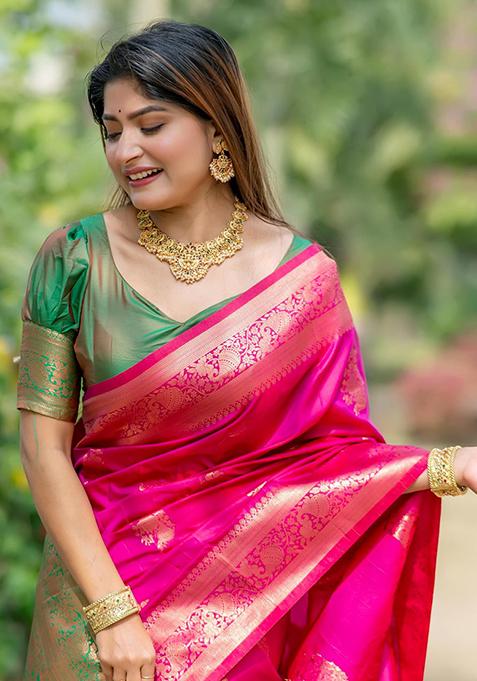 Pink Zari Woven Tussar Silk Saree Set