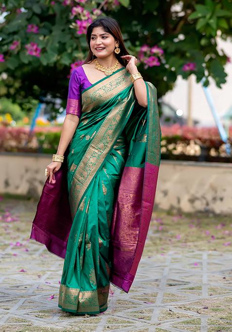 Rama Green Zari Woven Tussar Silk Saree Set