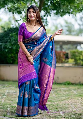 Blue Zari Woven Tussar Silk Saree Set