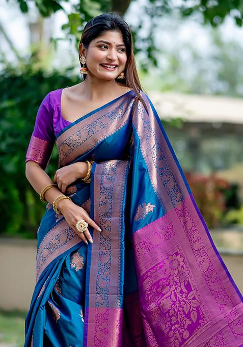 Blue Zari Woven Tussar Silk Saree Set