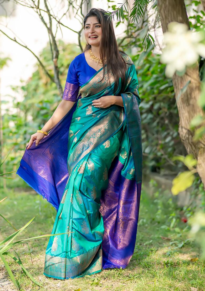 Sea Green Zari Woven Tussar Silk Saree Set