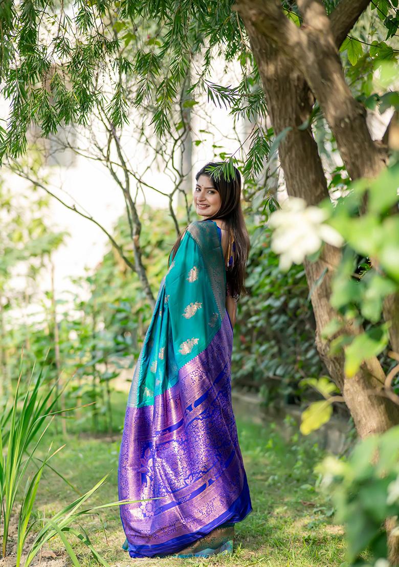 Sea Green Zari Woven Tussar Silk Saree Set