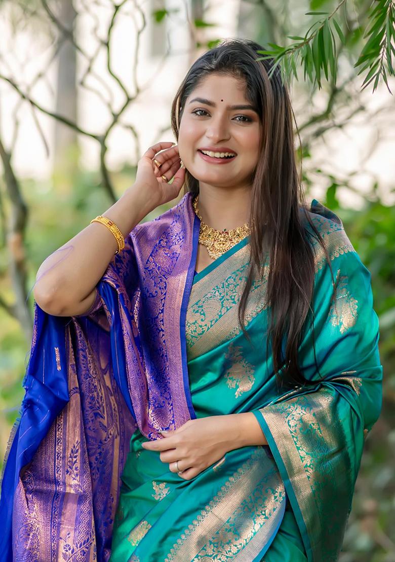 Sea Green Zari Woven Tussar Silk Saree Set