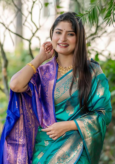 Sea Green Zari Woven Tussar Silk Saree Set