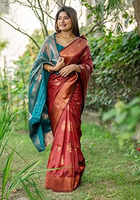 Red Zari Woven Tussar Silk Saree Set