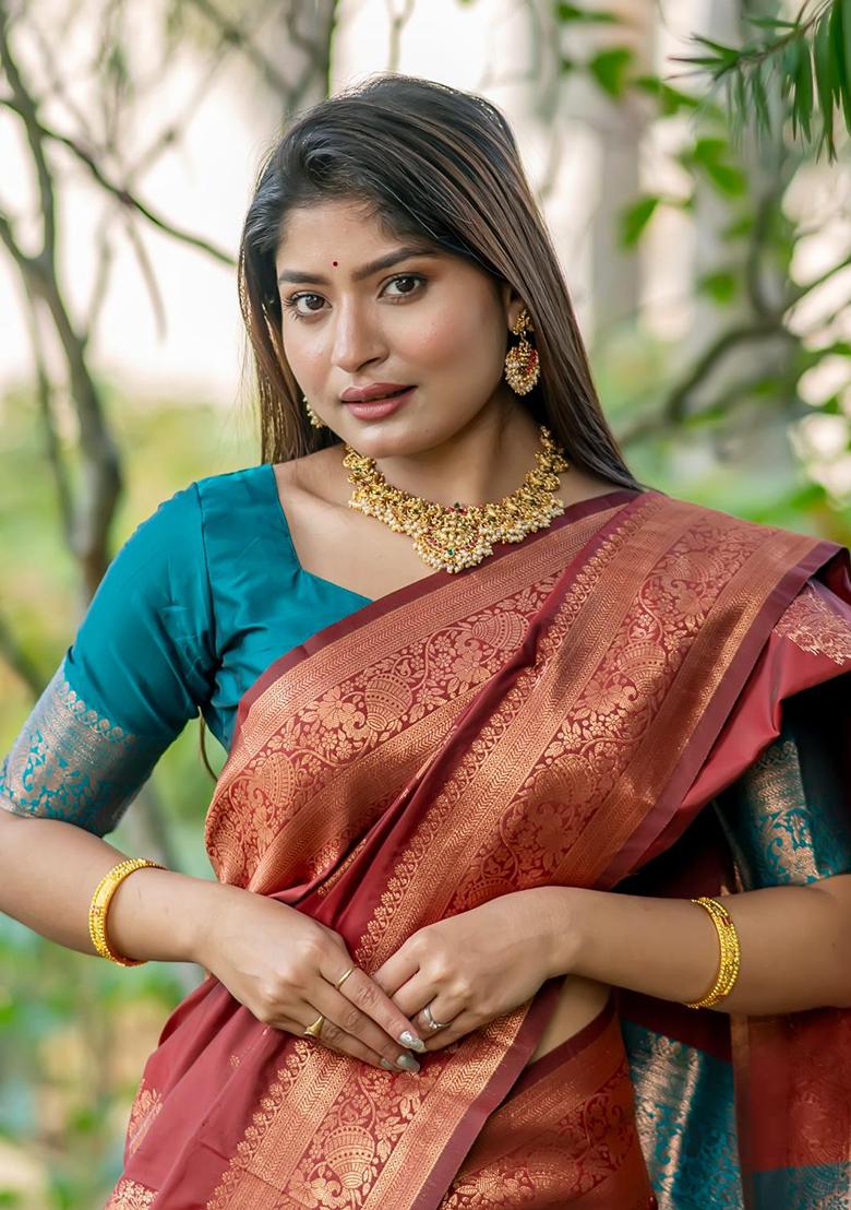 Red Zari Woven Tussar Silk Saree Set