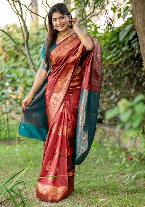 Red Zari Woven Tussar Silk Saree Set