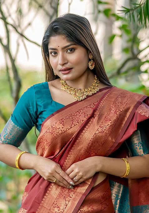 Red Zari Woven Tussar Silk Saree Set