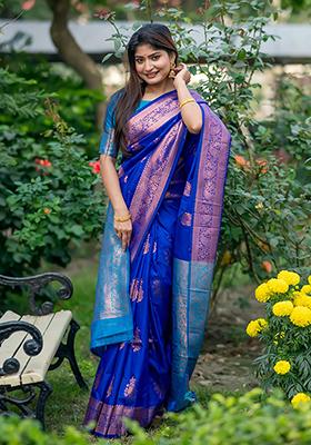 Royal Blue Zari Woven Tussar Silk Saree Set