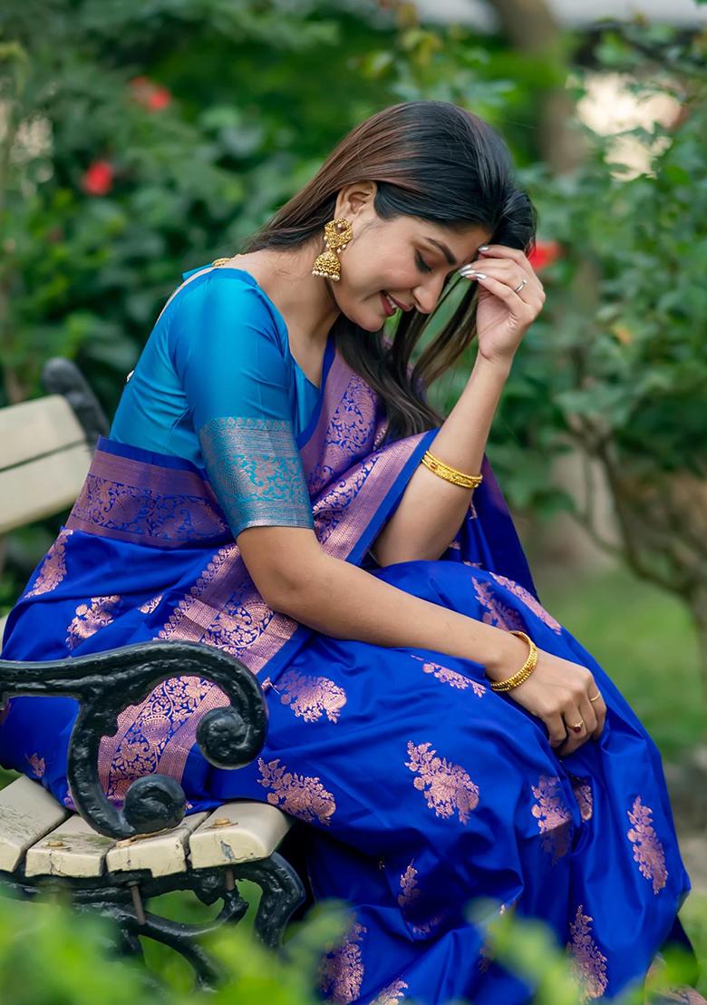 Royal Blue Zari Woven Tussar Silk Saree Set