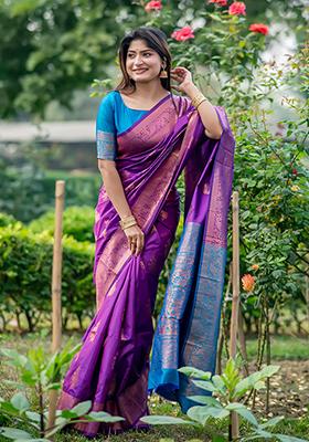 Purple Zari Woven Tussar Silk Saree Set
