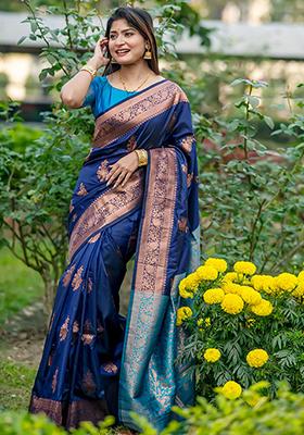 Navy Blue Zari Woven Tussar Silk Saree Set