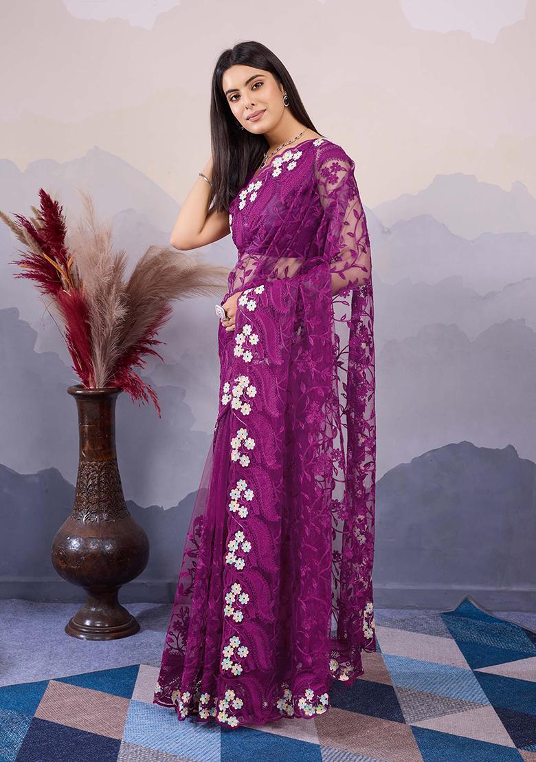 Purple Embroidered Soft Net Saree Set
