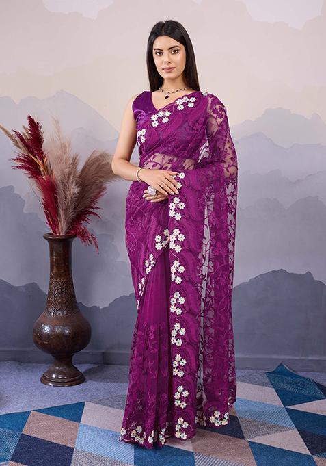 Purple Embroidered Soft Net Saree Set