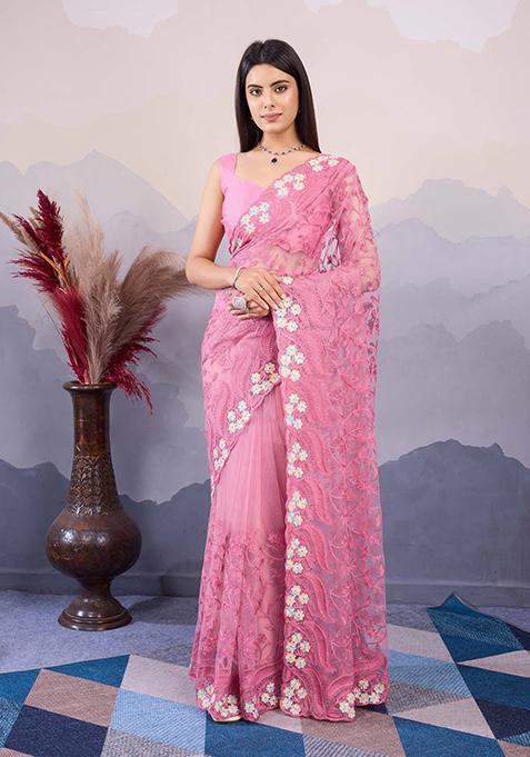 Pink Embroidered Soft Net Saree Set