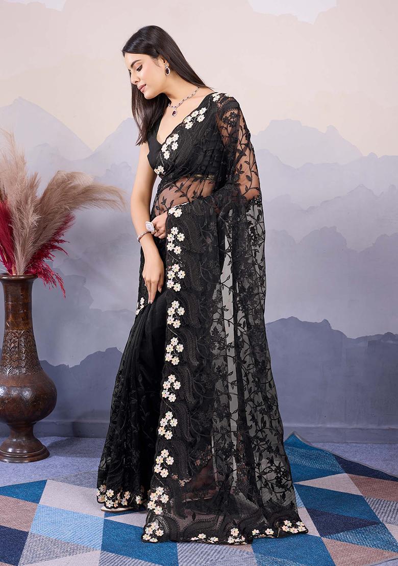 Black Embroidered Soft Net Saree Set