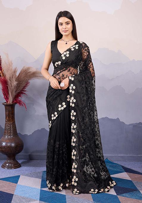 Black Embroidered Soft Net Saree Set