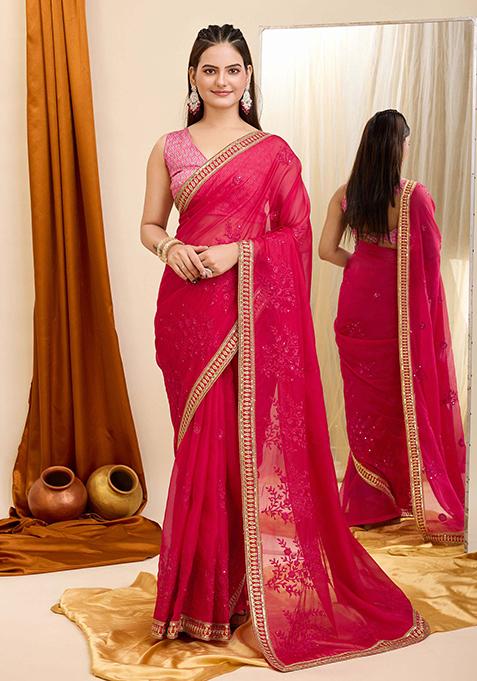 Pink Embroidered Soft Organza Saree Set