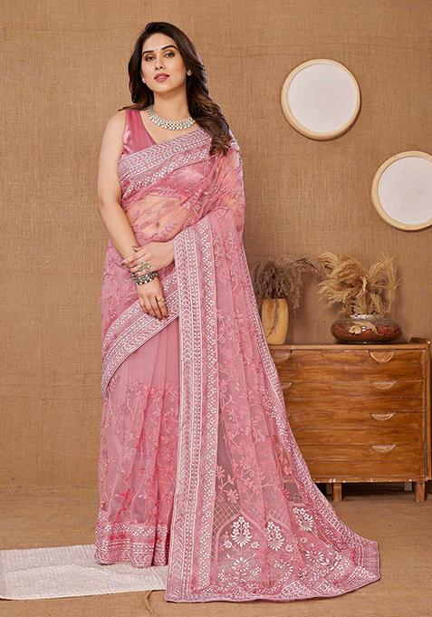 Peach Embroidered Soft Net Saree Set