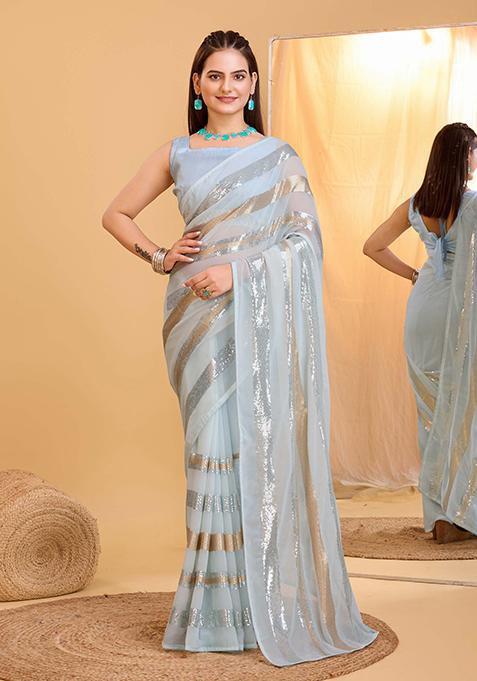 Sky Blue Embroidered Soft Georgette Saree Set