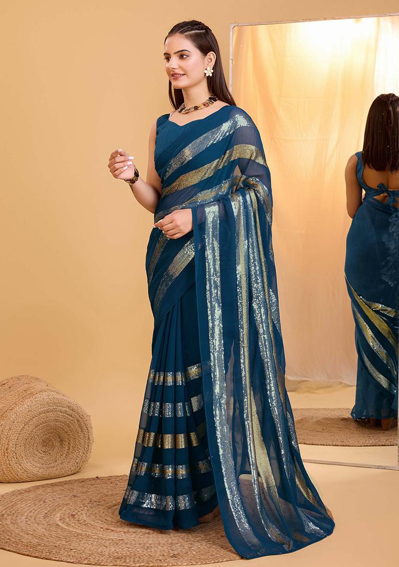 Teal Embroidered Soft Georgette Saree Set
