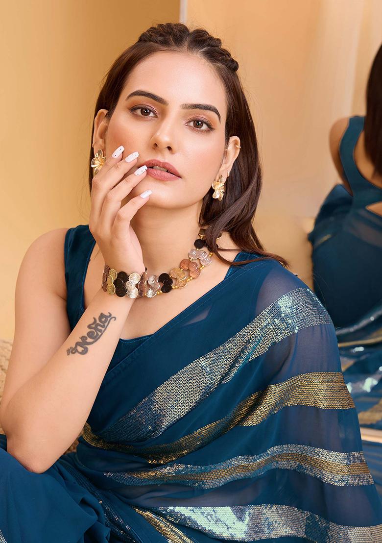 Teal Embroidered Soft Georgette Saree Set