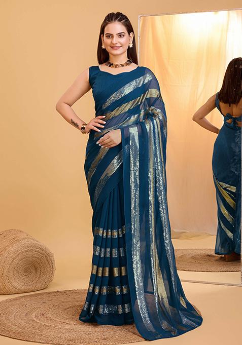 Teal Embroidered Soft Georgette Saree Set