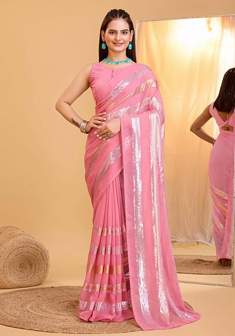 Pink Embroidered Soft Georgette Saree Set