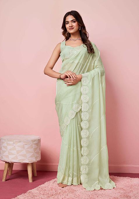 Olive Embroidered Soft Organza Saree Set