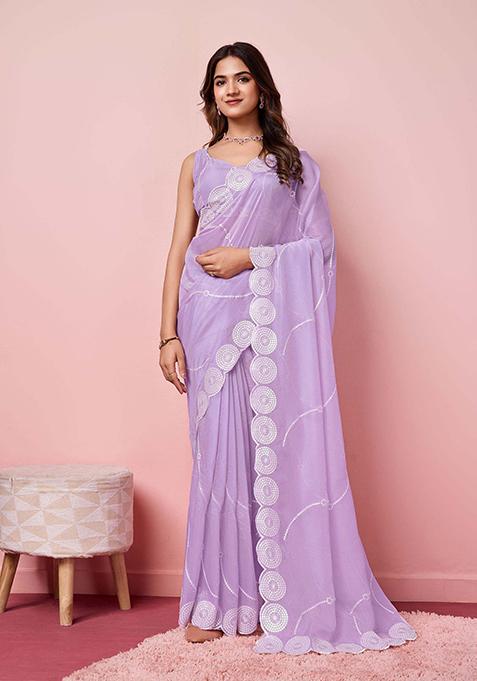 Lavender Embroidered Soft Organza Saree Set