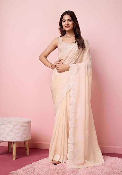 Beige Embroidered Soft Organza Saree Set