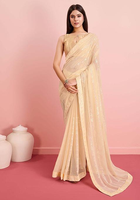 Beige Embroidered Soft Georgette Saree Set