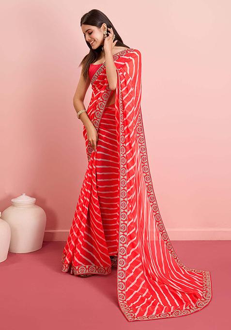 Red Embroidered Soft Georgette Saree Set