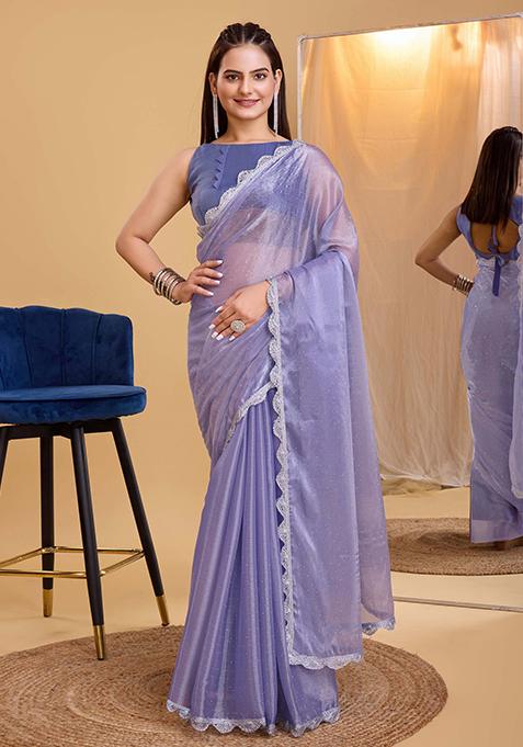 Purple Embroidered Soft Burberry Silk Saree Set