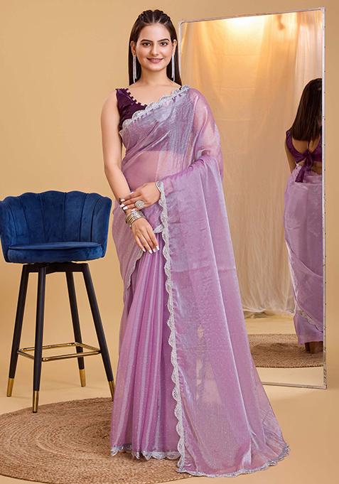 Lavender Embroidered Soft Burberry Silk Saree Set