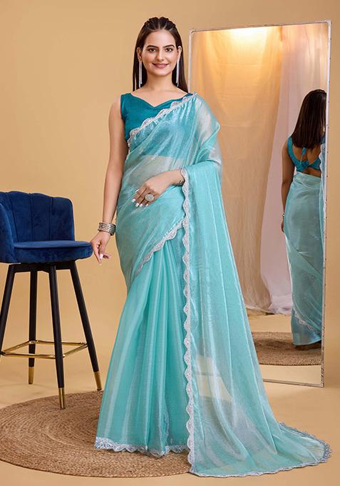 Light Blue Embroidered Soft Burberry Silk Saree Set