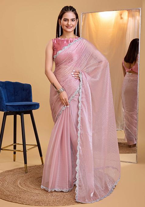 Pink Embroidered Soft Burberry Silk Saree Set