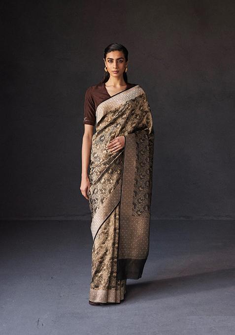 Brown Banarasi Soft Silk Saree Set