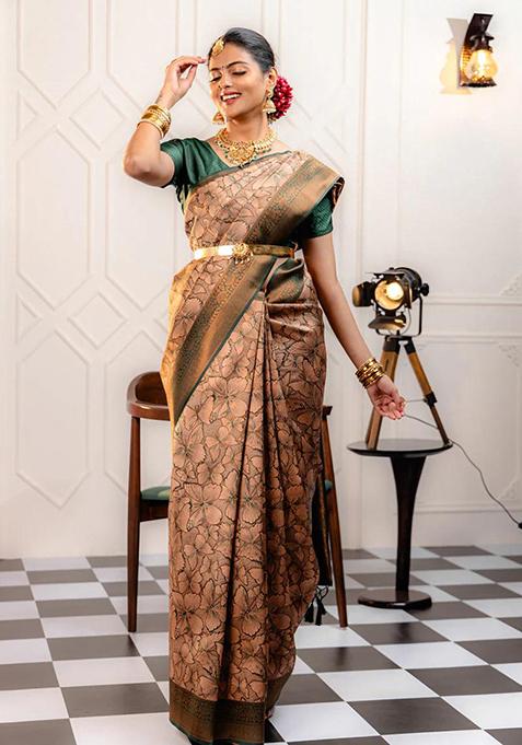 Brown Banarasi Soft Silk Saree Set