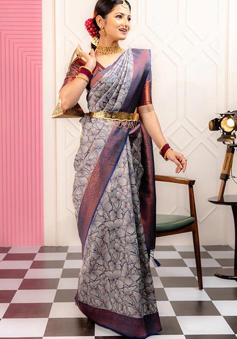 Purple Banarasi Soft Silk Saree Set