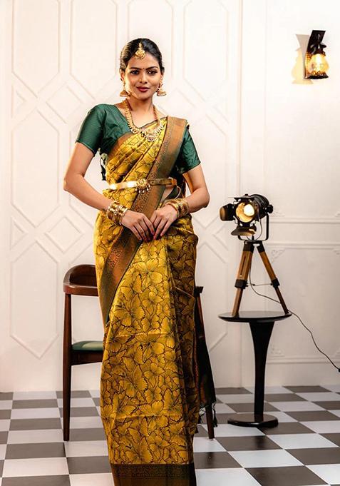 Yellow Banarasi Soft Silk Saree Set