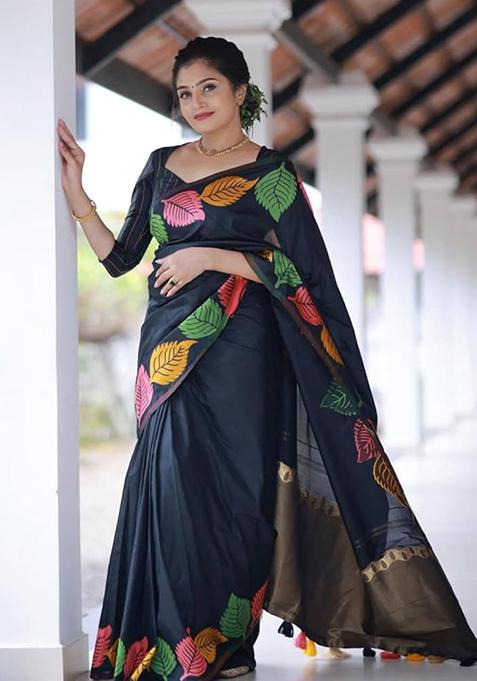 Black Banarasi Soft Silk Saree Set