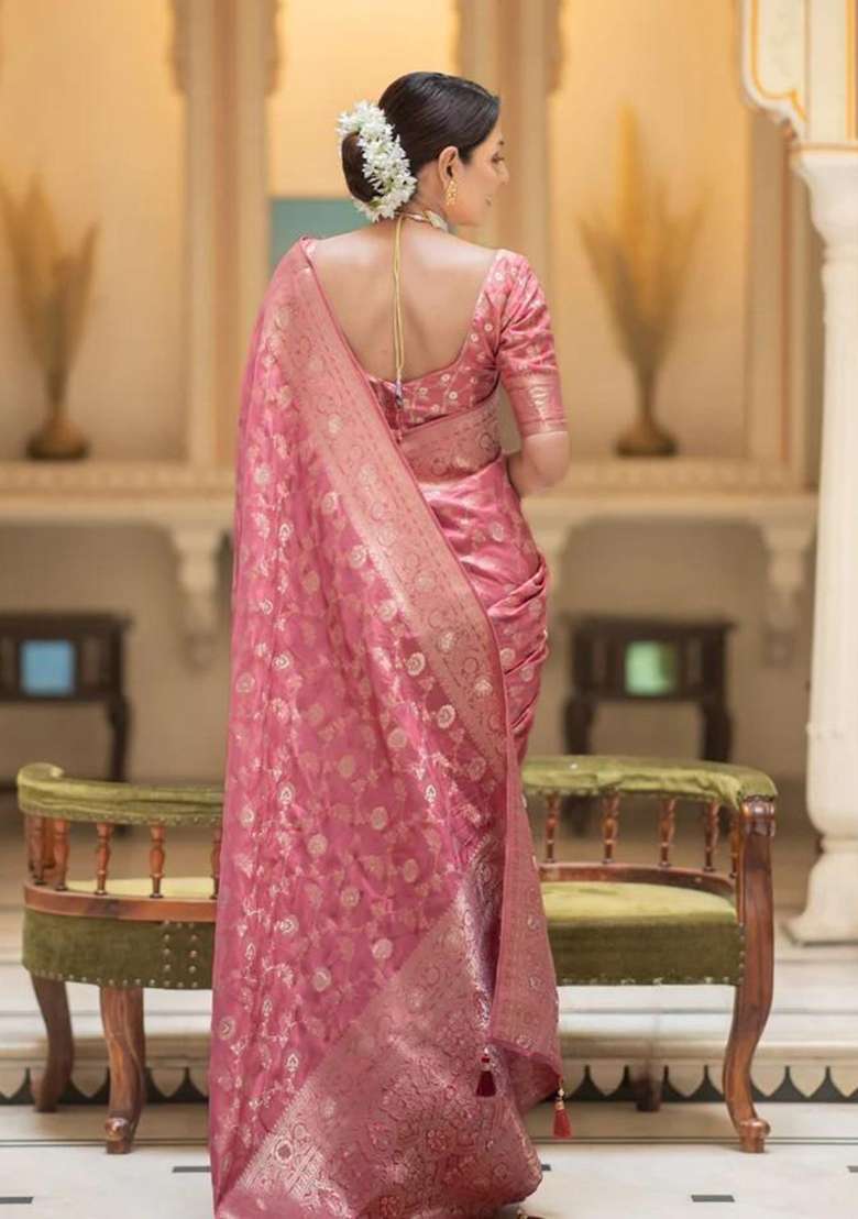 Peach Banarasi Soft Silk Saree Set - Indya