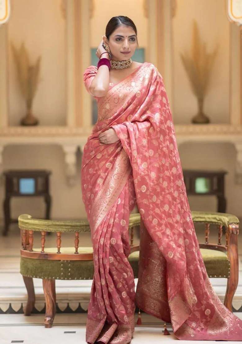 Peach Banarasi Soft Silk Saree Set - Indya